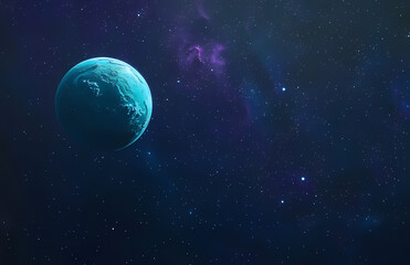 Obraz premium Celestial Enigma: A turquoise planet poised serenely amidst a cosmic tapestry of swirling nebulae and twinkling stars, inviting contemplation of the vast universe and its mysteries.