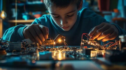 Young Boy Concentrated on Electronics Project, STEM Education, Future Technology