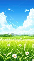Obraz premium Sunny field, daisies, city skyline, summer day, background design