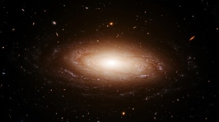 A spiral galaxy with a bright core, surrounded by swirling arms and stars, set against a dark backdrop with distant galaxies scattered around