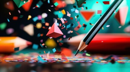 Fototapeta na wymiar Colorful confetti and geometric shapes scattered around a pencil on a vibrant background