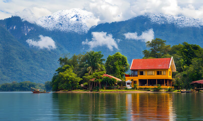 Naklejka premium Lakeside Vista: A picturesque lakeside scene showcases a charming house nestled amidst verdant trees, set against a backdrop of majestic mountains and a tranquil lake.