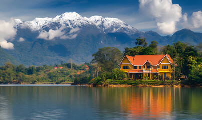 Fototapeta premium Tranquil Lake House: A picturesque yellow house stands beside a serene lake, with majestic mountains and fluffy clouds. 