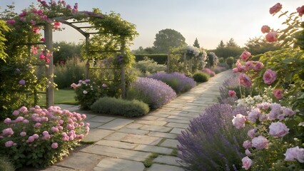 Obraz premium Garden with Fragrant Flowers and Paved Pathways