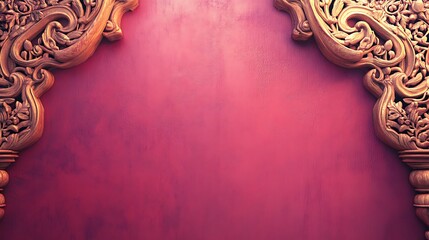 Ornate wooden carvings frame a textured background of a soft pink hue