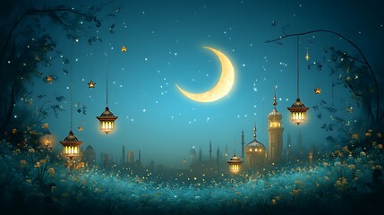 Naklejka premium A beautiful night scene featuring a crescent moon and lanterns