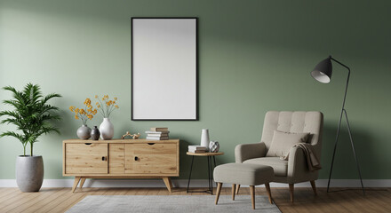 Fototapeta premium Serene living room sanctuary featuring a calming sage green wall, a cozy armchair inviting quiet relaxation, and a light wood media console displaying simple elegance with soft natural lighting.