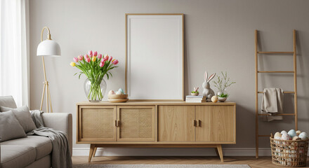 A serene living room styled for spring, featuring a light wood media console adorned with pastel tulips, decorative Easter eggs, and a charming bunny figurine, bathed in soft, natural light.