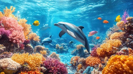 A vibrant and colorful underwater scene with dolphins