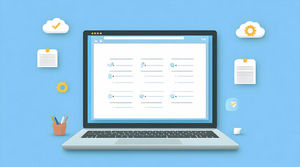 Digital Illustration of Laptop Displaying Website Interface Against Blue Background