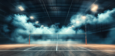 Volleyball Court Under Lights: A dramatic view of a volleyball court with a net in the center, illuminated by overhead lights and shrouded in a misty atmosphere.