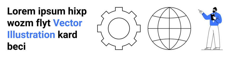 Gear symbol, globe shape, man with clipboard illustrating concepts of teamwork, technology, global strategy, process development. Ideal for business, engineering, education leadership marketing