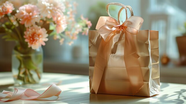 Empty gift bag tissue paper and ribbons soft shadows blank area in the center for text