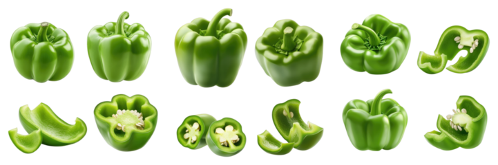 Set of fresh whole and sliced green bell pepper isolated on transparent background. PNG, Set of