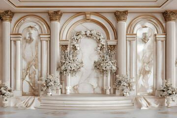 Fototapeta premium Elegant Wedding Stage Design Featuring Gold Marble Floral Decorations 3D Render