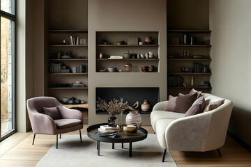 Elegant Living Room Interior With Beige Sofa And Armchair Display