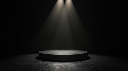 Product showcase with spotlight. Black studio room background. Use as montage for product display.