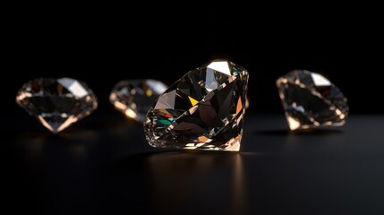 A close-up view of sparkling diamonds arranged artistically on a dark surface, showcasing their brilliance