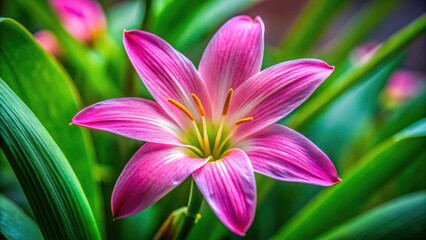 Fototapeta premium Cuban Zephyrlily Bloom, Rosy Rain Lily Petals, Pink Rain Lily Flower Photography, Close-up Macro Shot, Green Leaf Background