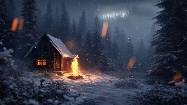 Log cabin glowing warmly from windows with bonfire in front surrounded by snow and peaceful forest during snowy night. Winter concept
