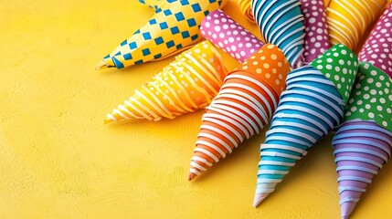 Colorful ice cream cones, yellow background, summer treat, food photography