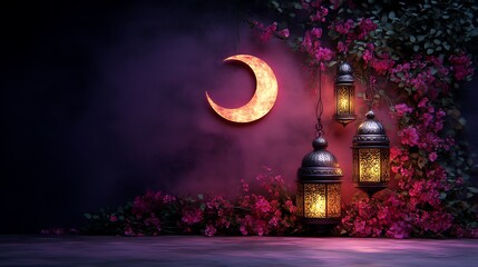 Fototapeta premium The beautiful crescent moon and lanterns display lovely aesthetics at dusk