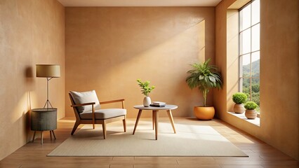 Drone View Minimalist Beige Interior: Chair, Table, Terracotta Pottery