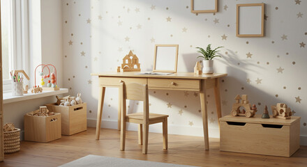 Fototapeta premium A child's serene playroom bathed in sunlight, featuring a light wood desk, chair, and toy storage, against a dreamy star-patterned wall.
