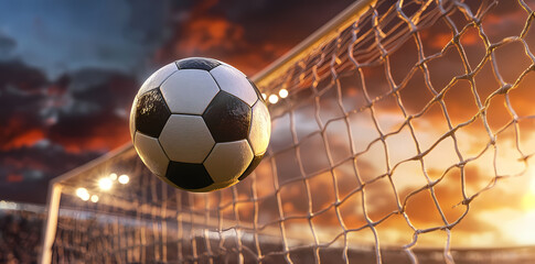Naklejka premium Goal Moment: A meticulously crafted photorealistic image depicts a soccer ball soaring into the net, with dynamic sky and stadium lights to add visual depth.