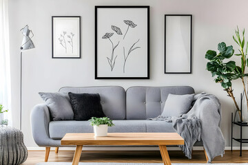 Modern Living Room Interior with Gray Sofa Wooden Table and Art Photo