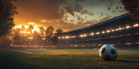 Golden Hour Stadium: A soccer ball rests serenely on the field of a stadium bathed in the warm glow of the sunset, creating a picturesque scene of anticipation and sporting spirit.