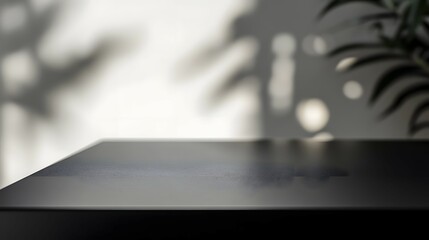 An elegant minimalist aesthetic showcasing a dark table surface with shadows