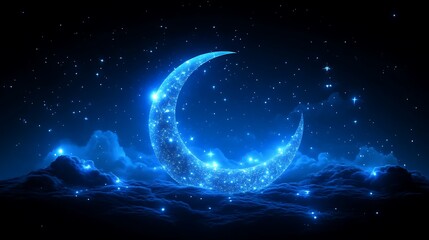 A glowing blue crescent moon surrounded by night sky and clouds