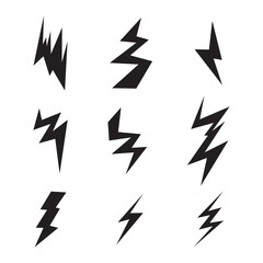 A collection of black lightning bolt icons in an abstract and dynamic style. Perfect for vector design, branding, illustrations, symbols, energy-themed graphics, and other creative projects.