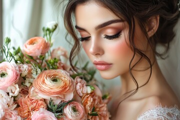 Obraz premium A woman with long dark hair and a floral bouquet in her hand