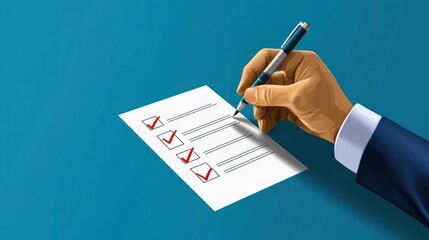 Business professional reviewing checklist with pen on blue background, indicating task completion