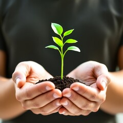 Person holding a small green plant in their hands, symbolizing environmental sustainability