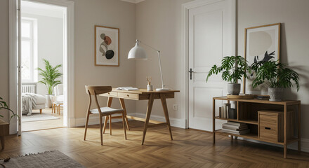 Fototapeta premium Luxury modern interior blends living and dining room style, featuring a wooden table with chairs under bright window light
