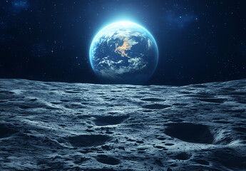 Lunar Vista: Earth rises in the vastness of space from the surface of the moon, creating an awe-inspiring view
