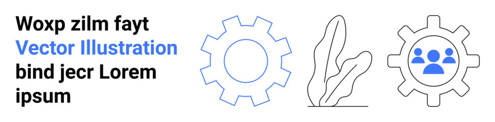 Blue gear icons, one with a group symbol, next to abstract organic plant shapes. Ideal for teamwork, collaboration, organization, process optimization, technology, workflow simple landing page