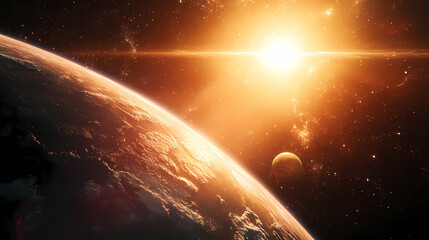 Celestial Dawn: Witness the breathtaking grandeur of space as a radiant sun bathes a distant planet in golden light, while a smaller moon hangs in the cosmic tapestry.