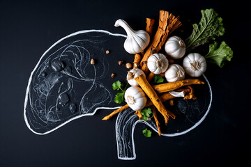 Liver health concept with a liver outline and natural foods like garlic, cinnamon sticks, and leafy greens on a dark backdrop.