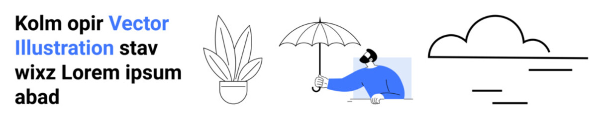 Potted plant, individual with umbrella, abstract cloud design, and placeholder text. Ideal for nature, weather, protection, personal care wellness creativity eco themes. Perfect for flat landing