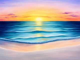 Photo Of A Sunset Over The Ocean Waves and Sandy Beach in Vibrant Colors