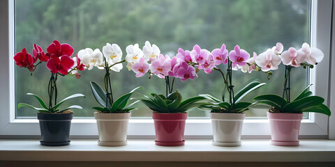 Photo of Blooming Orchids in Pots on a Windowsill in a Variety of Colors