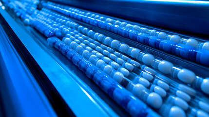 Obraz premium Photo of Blue And White Capsules in Pharmaceutical Production Line