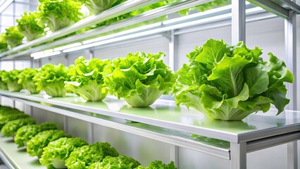 Hydroponic Frillice Iceberg Lettuce: Crisp, Clean, White Rack System Product Photography