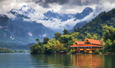 Fototapeta premium Tranquil Lakeside Retreat: A picturesque scene of a lakeside house nestled amidst lush greenery, against a backdrop of majestic mountains cloaked in clouds.