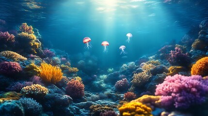 Obraz premium Colorful coral reefs and jellyfish swimming in the deep ocean water