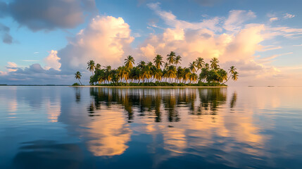 Fototapeta premium Island Paradise: A breathtaking shot of a remote island paradise, featuring lush green palm trees fringing a pristine shoreline, reflected perfectly in the crystal-clear water under a picturesque sky.